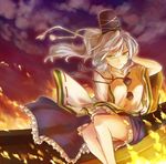  abo_(hechouchou) blush fire grey_eyes grey_hair hand_in_hair hat japanese_clothes mononobe_no_futo ponytail short_hair silver_hair sitting skirt solo tate_eboshi touhou 