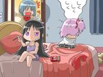  3girls akemi_homura barefoot bed bed_sheet bedroom blanket blue_hair bow chibi clothes_on_bed clothes_removed commentary_request crossed_legs curtains food hair_down hair_ornament hair_ribbon hairband hairclip hohetomaru implied_yuri indoors kaname_madoka kyubey mahou_shoujo_madoka_magica messy_hair miki_sayaka mitakihara_school_uniform multiple_girls nightgown off_shoulder on_bed package pocky purple_eyes red_eyes ribbon ruined_for_marriage school_uniform shiny shiny_skin short_hair short_twintails sitting skirt sparkle square_mouth surprised sweat sweatdrop translated twintails walk-in 