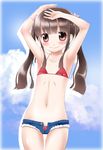 armpits arms_up bare_shoulders bikini brown_eyes brown_hair cloud day denim denim_shorts flat_chest highres long_hair looking_at_viewer md5_mismatch navel noto_(soranoto) original revision short_shorts shorts sky smile solo swimsuit thigh_gap twintails 