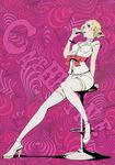  blonde_hair blue_eyes catherine catherine_(game) choker copyright_name drill_hair drink english heart heart_background high_heels highres long_legs official_art pink_background scan shoes sitting skirt smile soejima_shigenori solo thighhighs twintails 