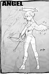  angel angel_wings arrow ass bow_(weapon) from_behind garter_belt greyscale halo highres looking_back male_focus monochrome original otoko_no_ko panties po-ju scan short_hair signature solo standing thighhighs underwear weapon wings zoom_layer 