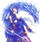  blue_eyes blue_hair bodysuit dragon helmet ice leviathan_(rockman) nemu_(isaya) polearm rockman rockman_zero shadow sitting solo spear weapon 