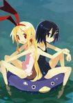  asagiri_asagi back-to-back bare_legs bare_shoulders barefoot black_eyes black_hair blonde_hair casual_one-piece_swimsuit disgaea earrings fang flonne flonne_(fallen_angel) hair_ornament hairclip harada_takehito innertube jewelry long_hair multiple_girls nippon_ichi official_art one-piece_swimsuit partially_submerged pointy_ears scan short_hair smile swimsuit water 