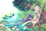  ancient_dark blue_hair hair_ornament hakuryuu_(inazuma_eleven) inazuma_eleven_(series) inazuma_eleven_go lap_pillow lily_pad long_hair lying male_focus multicolored_hair multiple_boys nature shuu_(inazuma_eleven) tree under_tree unlimited_shining water white_hair yupopo_(hidame) 