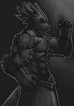 anthro beard biceps blue_eyes clothed clothing dragon drayk facial_hair faint flexing fur half-dressed janarr lizard male muscles pecs pose reptile scalie solo spikes topless towel 