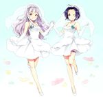  ahoge bad_id bad_pixiv_id bridal_veil dress elbow_gloves flower gloves holding_hands idolmaster idolmaster_(classic) interlocked_fingers miura_azusa multiple_girls one_eye_closed red_eyes saito_katuo shijou_takane short_hair silver_hair smile thigh_strap veil wedding_dress 