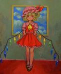  ama-tou arms_behind_back ascot blonde_hair blush bobby_socks child flandre_scarlet hat highres mary_janes painting_(object) ponytail red_eyes shoes short_hair side_ponytail socks solo standing touhou white_legwear wings 