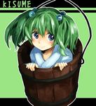  :&gt; blue_eyes blush bucket face green_hair hair_between_eyes hair_bobbles hair_ornament in_bucket in_container japanese_clothes kimono kisume makuwauri short_hair solo touhou twintails 