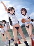  arm_up arms_behind_back bare_legs basketball black_eyes black_hair black_legwear blue_eyes breasts brown_eyes brown_hair buruma cloud commentary_request day grass grin groin gym_uniform hair_bobbles hair_ornament hand_on_hip highres kneehighs long_hair midriff multiple_girls navel one_eye_closed open_mouth original outdoors ponytail short_hair sky small_breasts smile traffic_cone white_legwear yokaze_japan 