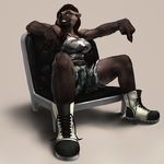  big_breasts boots breasts camo chair claws clothing female green_eyes hair kaki looking_at_viewer mammal mustelid painting shirt shorts sitting smile solo tank_top veramundis wolverine 