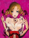  1girl bare_shoulders between_breasts blonde_hair blue_eyes boxers breasts catherine catherine_(game) choker cleavage drill_hair eyeliner heart highres makeup medium_breasts nail_polish official_art open_mouth pink_nails scan sheep smile soejima_shigenori twin_drills twintails underwear undressing upper_body vincent_brooks 