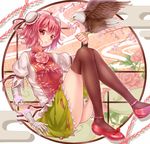  animal bald_eagle bandages bird bird_on_hand black_legwear breasts bun_cover chain cherry_blossoms chinese_clothes cuffs dabadhi double_bun eagle egasumi floral_background floral_print flower highres ibaraki_kasen light_smile medium_breasts peony_(flower) pink_eyes pink_flower pink_hair pink_rose red_eyes rose round_window shackles short_hair sitting skirt solo tabard thighhighs touhou window 