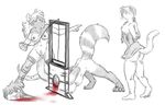  blood bound breasts canine clothed clothing decapitation dress female gore guillotine hair hands mammal nude plain_background pubes pubic_hair raccoon raised_tail sketch skunk weapon white_background 