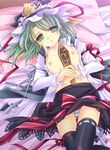  bed black_legwear flat_chest green_eyes green_hair hands_on_own_stomach hat highres looking_at_viewer lying moneti_(daifuku) nipples on_back open_clothes panties pillow rod_of_remorse shiki_eiki shiny short_hair solo striped striped_panties thighhighs touhou underwear 