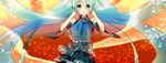  aqua_eyes aqua_hair bare_shoulders detached_sleeves floating_hair hatsune_miku headphones long_hair nogi_bisuko simple_background skirt smile solo twintails very_long_hair vocaloid white_background 