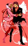  antonio_lopez brown_hair dancing dark_skin dark_skinned_male eyelashes fabulous fingernails green_eyes highres hoshino_lily jacket multiple_boys nathan_seymour pink pink_background pink_hair ribbon tiger_&amp;_bunny 