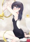  amagami ass ayatsuji_tsukasa back bad_id bad_pixiv_id banned_artist bare_shoulders barefoot bathroom black_hair blue_eyes blush checkered checkered_floor feet from_behind long_hair looking_at_viewer looking_back mirai_(macharge) mirror one-piece_swimsuit rubber_duck shower_head showering sitting solo spill steam swimsuit toes wariza water wet 