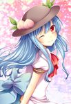  ;) bad_id bad_pixiv_id blue_hair bow food fruit hat hinanawi_tenshi long_hair one_eye_closed peach red_eyes sanotsuki smile solo touhou upper_body 