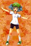  akenoin_soumon alternate_costume bike_shorts blue_eyes blue_hair gym_uniform hair_bobbles hair_ornament kawashiro_nitori kneehighs looking_at_viewer orange_background outstretched_arms shoes short_twintails shorts sneakers solo spread_arms touhou twintails two_side_up white_legwear 