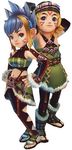  1boy 1girl aqua_eyes belly belt blonde_hair breasts final_fantasy final_fantasy_crystal_chronicles fur game head_scarf headscarf moe multicolored_hair navel pantyhose pose sandals selkie shirt short_hair skirt smile spiked_hair standing tattoo toes turtleneck two-tone_hair yellow_hair 