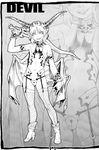  androgynous bat_wings boots earrings english fangs garter_belt greyscale grin high_heels highres horns jewelry male_focus monochrome original otoko_no_ko panties po-ju pointy_ears scan shoes short_hair signature smile solo standing sword thighhighs underwear weapon wings zoom_layer 