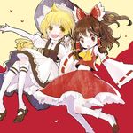  bad_id bad_pixiv_id blonde_hair blush bobby_socks bow brown_eyes brown_hair detached_sleeves hair_bow hair_tubes hakurei_reimu hat holding_hands kinohe kirisame_marisa multiple_girls socks touhou white_legwear witch_hat yellow_eyes 