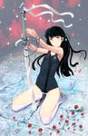  bad_id bad_pixiv_id barefoot black_hair blue_eyes chain full_body highres kneeling long_hair masao one-piece_swimsuit original partially_submerged petals planted_sword planted_weapon school_swimsuit shallow_water solo swimsuit sword water weapon 