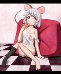  animal_ears barefoot blush dirty_clothes eating food grey_hair holding_pizza knees_together_feet_apart letterboxed looking_at_viewer messy mouse_ears mouse_tail nazrin no_pants nogisaka_kushio panties pillow pizza red_eyes sexually_suggestive shirt short_hair single_sock sitting slovenly socks solo strap_slip striped striped_panties tail tank_top tile_floor tiles touhou underwear 