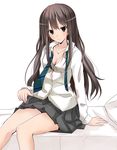  brown_hair dress_shirt earrings green_eyes idolmaster idolmaster_cinderella_girls jewelry long_hair necklace necktie no_cardigan rikudou_inuhiko school_uniform shibuya_rin shirt sitting skirt smile solo 