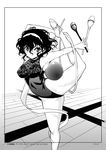  ball ballet_slippers contortion curly_hair flexible floor greyscale gymnast_leotard gymnastics hairband hoop juggling_club leotard monochrome original orimoto_mimana rhythmic_gymnastics ribbon short_hair solo standing standing_on_one_leg temoshinko_saanya 