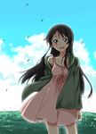  akiyama_mio black_eyes black_hair cloud day dress highres hood hoodie k-on! k-on!_movie long_hair mitsuki_meiya singing! sky solo 