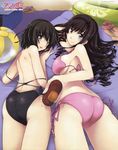  absurdres amagami ass back ball bare_shoulders beachball bikini black_eyes black_hair blue_eyes breasts competition_swimsuit cooler dimples_of_venus drill_hair from_behind hairband highres innertube kamino_ryuuya large_breasts long_hair looking_at_viewer looking_back lotion lying morishima_haruka multiple_girls nanasaki_ai on_stomach one-piece_swimsuit open_mouth sand sandals short_hair side-tie_bikini smile sunscreen swimsuit swimsuit_pull underboob 