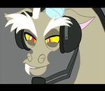  digital_media_(art) discord_(mlp) draconequus ears_down fangs feral friendship_is_magic front_view grey_background grey_skin headphones headset headshot_portrait letterbox long_neck male microphone my_little_pony plain_background portrait red_eyes solo squint white_eyebrows yellow_sclera 