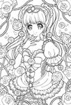  dress flower frills greyscale highres jewelry lineart long_hair monochrome necklace original rose smile solo yukiko_haotome 