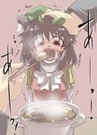  abuse animal_ears bow brown_hair cat's_tongue cat_ears chen chopsticks commentary feeding food force_feeding gag gagged gaoo_(frpjx283) hand_on_another's_head hat oden open_mouth red_eyes ring_gag saliva spider_gag tears touhou trembling 