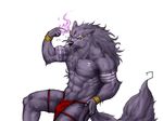  animal_ears bara fire furry highres muscle red_eyes solo tail tattoo white_background wolf 