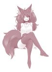  :d absurdres ahoge animal_ear_fluff animal_ears bangs bare_shoulders big_hair breasts camisole choker eyebrows_visible_through_hair fox_ears fox_tail greyscale hair_between_eyes high_heels highres invisible_chair jewelry large_breasts large_tail legs_crossed looking_at_viewer monochrome necklace open_mouth original sharp_teeth short_eyebrows simple_background sitting sketch smile sub-res tail teeth thighhighs twintails white_background 