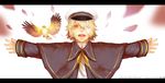  absurdres bandage_over_one_eye bird blonde_hair character_name hat highres incoming_hug james_(vocaloid) letterboxed male_focus missingcat318 oliver_(vocaloid) open_mouth outstretched_arms sailor sailor_hat vocaloid yellow_eyes 