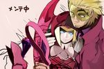 1girl android bad_id bad_pixiv_id blazblue blonde_hair blue_eyes cape cravat facial_hair glowing glowing_eyes hat hyakuhachi_(over3) ignis_(blazblue) mask pink_hat relius_clover stubble 