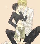  2boys black_hair blonde_hair duo durarara!! heiwajima_shizuo kiss male male_focus multiple_boys open_fly orihara_izaya shirt_lift tongue undressing unzipped washi_(micino) yaoi 