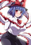  arms_behind_back ascot blue_hair blush bow breasts cleavage hat hat_bow hat_ribbon hips impossible_clothes impossible_shirt large_breasts long_skirt long_sleeves looking_at_viewer nagae_iku red_eyes ribbon sama_samasa shirt simple_background skirt smile solo standing taut_clothes taut_shirt touhou white_background 