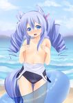  absurdres animal_ears beach blue_eyes blue_hair blush bow covering covering_breasts dog_ears dog_tail drill_hair fang fictional_persona flat_chest hair_bow highres innertube long_hair nigo_(aozoragarou) nigou_(aozoragarou) ocean one-piece_swimsuit open_mouth original school_swimsuit self-portrait smile swimsuit tail twin_drills twintails undressing 