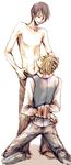  arms_behind_back artist_request bdsm black_hair blonde_hair bondage bound duo durarara!! heiwajima_shizuo kneeling long_image male male_focus open_fly orihara_izaya tall_image tape topless undressing unzipped yaoi 