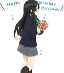  akiyama_mio black_eyes black_hair bouquet flower happy_birthday k-on! long_hair looking_back nasuna school_uniform solo white_background 