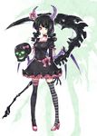  bad_id bad_pixiv_id black_hair black_rock_shooter bow dead_master frills gothic_lolita highres holding holding_scythe horns lolita_fashion long_hair mismatched_legwear paopao scythe shoes skull smile solo striped striped_legwear thighhighs wings zettai_ryouiki 