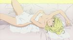  1girl bed bed_sheet blonde_hair blush breasts cleavage enomoto_kei green_eyes hatsukoi_limited long_hair lying photo sheets smile spread_legs towel 