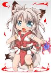  animal_ears belt blue_eyes chibi fang fire flame fox_ears fox_tail highres kuroneko_liger long_hair midriff navel one_side_up open_mouth original outstretched_arms sash shirt silver_hair skirt solo tail two_side_up 