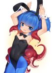  1girl :d animal_ears armpits arms_up bangs bare_shoulders black_hairband black_leotard black_neckwear blue_eyes blue_hair blue_legwear bow bowtie breasts bunny_ears commentary_request eyebrows_visible_through_hair fake_animal_ears hair_between_eyes hairband highres leotard looking_at_viewer miyamae_(miyazen9311) open_mouth original pantyhose sidelocks small_breasts smile solo strapless strapless_leotard suction_cups tentacle twintails wrist_cuffs 