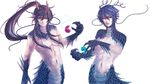  antlers blue_eyes blue_hair dragon_boy dragon_horns head_fins highres horns ine_(namichidori) kaito kamui_gakupo long_hair magatama male_focus monster_boy multiple_boys ponytail purple_hair scales simple_background smile vocaloid 