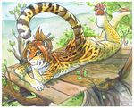  4_toes breasts feline female hair hindpaw iggi looking_at_viewer lying mammal nude ocelot on_stomach pawpads paws scenery solo spots tail thighs tree tree_house treehouse wood 